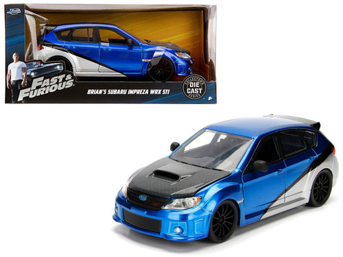Load image into Gallery viewer, Brian's Subaru Impreza WRX STI Blue and Silver with Carbon Hood "Fast &amp; Furious" Movie 1/24 Diecast Model Car by Jada
