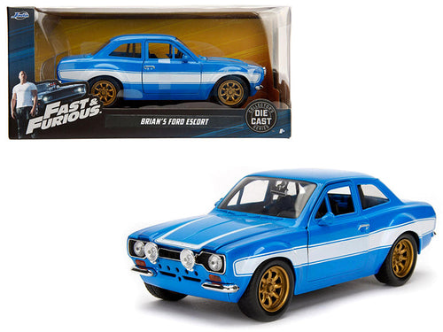 Load image into Gallery viewer, 1970 Brian's Ford Escort Blue with White Stripes "Fast &amp; Furious" Movie 1/24 Diecast Model Car by Jada

