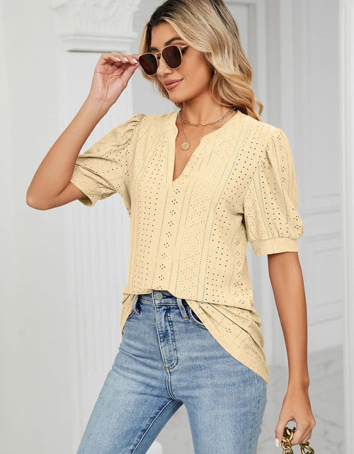Load image into Gallery viewer, Eyelet Short Puff Sleeve Notched Neck Top
