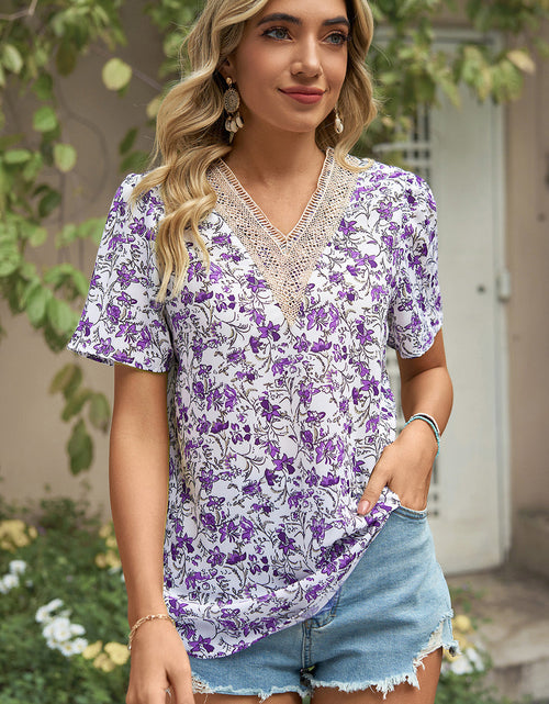 Load image into Gallery viewer, Floral V-Neck Short Sleeve T-Shirt
