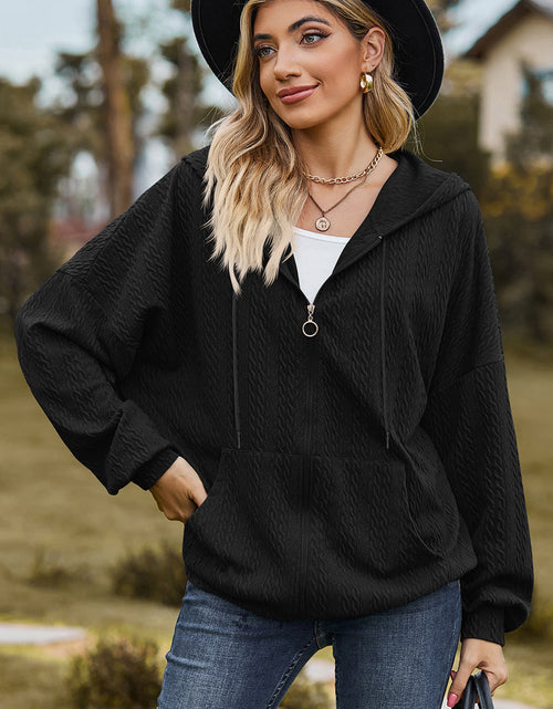 Load image into Gallery viewer, Drawstring Zip Up Dropped Shoulder Hoodie
