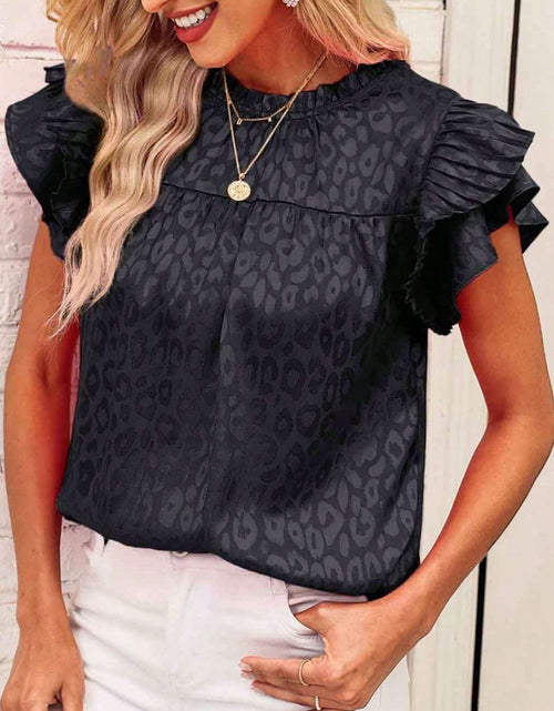 Load image into Gallery viewer, Leopard Frill Mock Neck Ruffled Cap Sleeve Top
