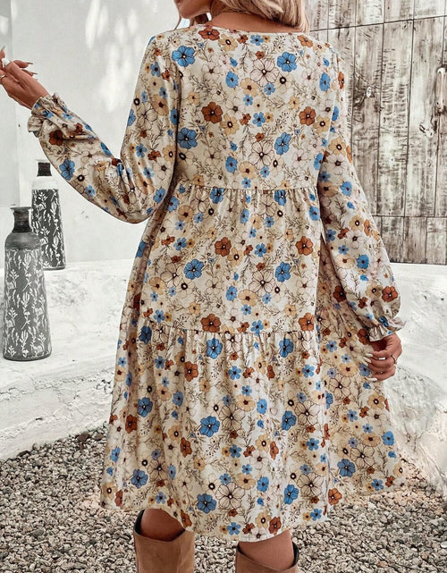 Load image into Gallery viewer, Tiered Floral Round Neck Long Sleeve Dress

