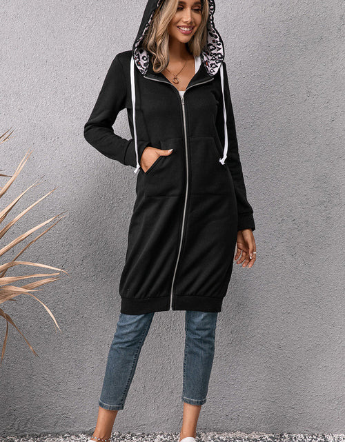 Load image into Gallery viewer, Ivy Lane Leopard Spliced Drawstring Zip Up Hoodie Dress
