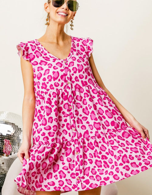 Load image into Gallery viewer, BiBi Leopard Cap Sleeve Tiered Mini Dress
