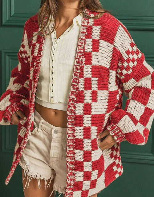 Load image into Gallery viewer, Checkered Open Front Long Sleeve Cardigan
