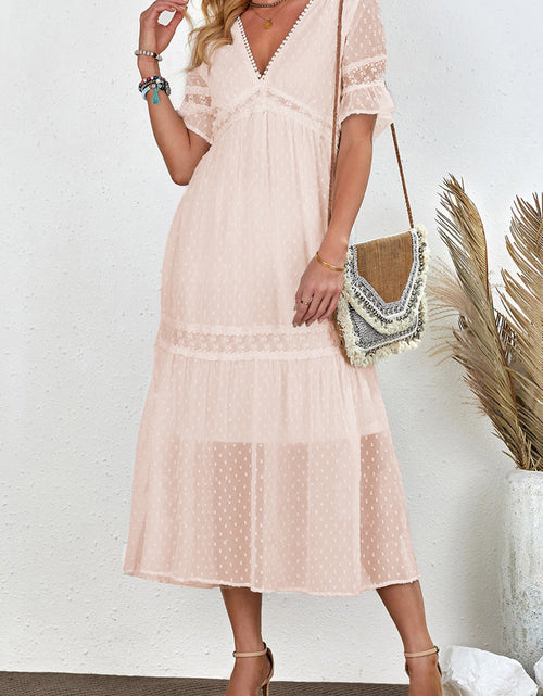 Load image into Gallery viewer, Swiss Dot V-Neck Short Sleeve Midi Dress
