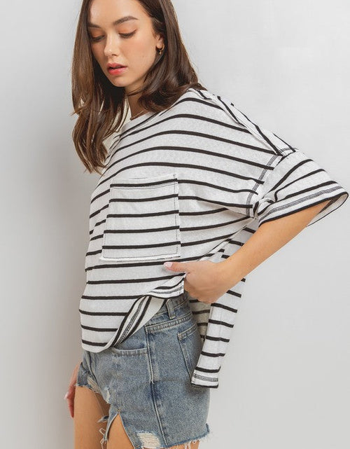 Load image into Gallery viewer, Ces Femme Side Slit Striped Round Neck Half Sleeve T-Shirt
