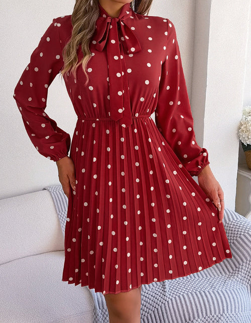 Load image into Gallery viewer, Polka Dot Tie Neck Pleated Dress
