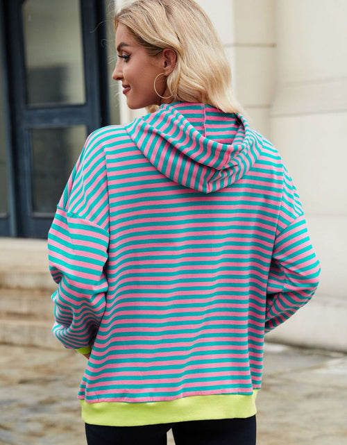 Load image into Gallery viewer, Drawstring Contrast Striped Long Sleeve Hoodie
