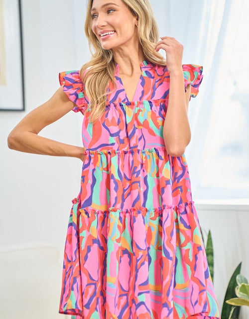 Load image into Gallery viewer, First Love Full Size Printed Ruffle Cap Sleeve Tiered Dress
