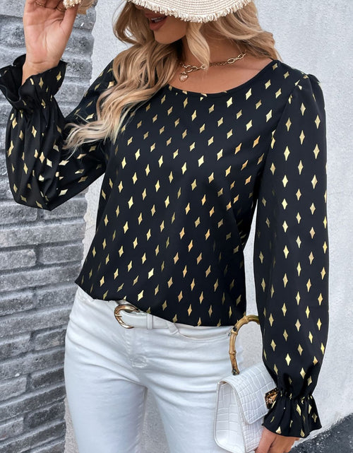 Load image into Gallery viewer, Perfee Printed Round Neck Flounce Sleeve Blouse
