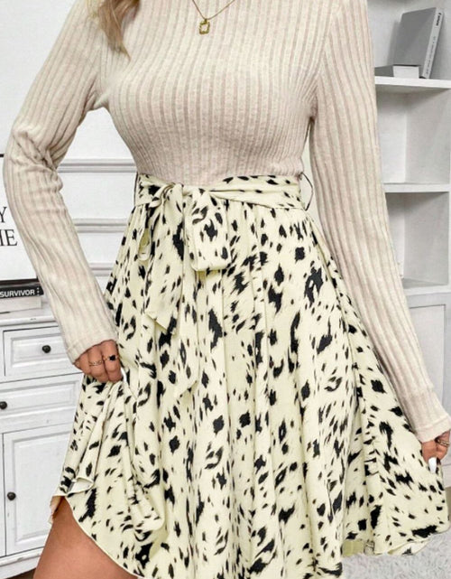 Load image into Gallery viewer, Printed Tie Waist Mock Neck Long Sleeve Dress

