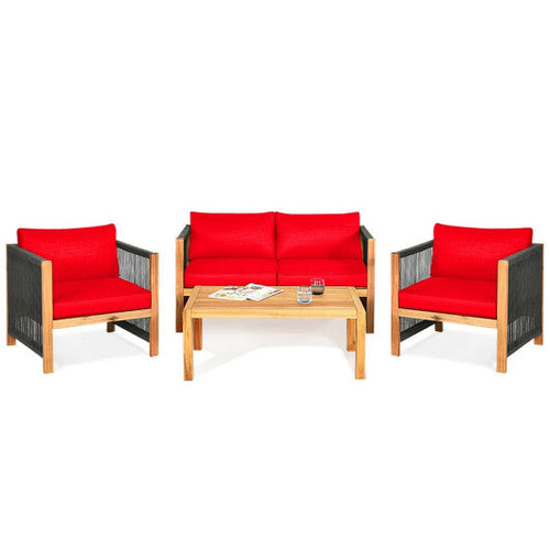 Load image into Gallery viewer, 4 Pieces Acacia Wood Outdoor Patio Furniture Set with Cushions-Red
