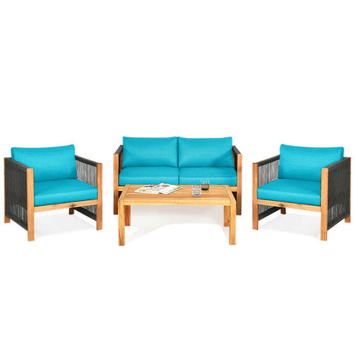 Load image into Gallery viewer, 4 Pieces Acacia Wood Outdoor Patio Furniture Set with Cushions-Turquoise
