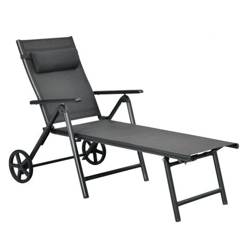 Load image into Gallery viewer, Patio Lounge Chair with Wheels Neck Pillow Aluminum Frame Adjustable-Gray
