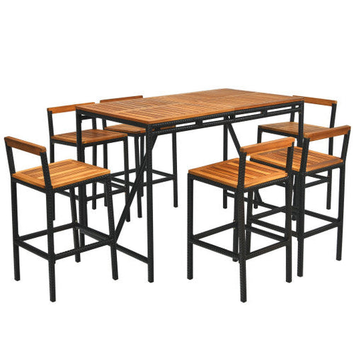 Load image into Gallery viewer, 7 Pieces Acacia Wood Patio Rattan Bar Set with Umbrella Hole

