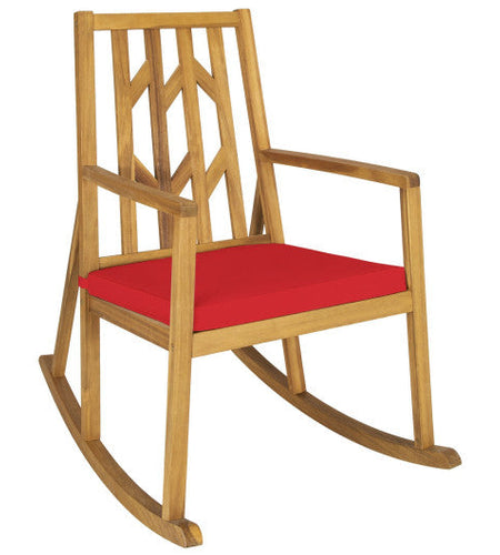 Patio Acacia Wood Rocking Chair Sofa with Armrest and Cushion for Garden and Deck-Red
