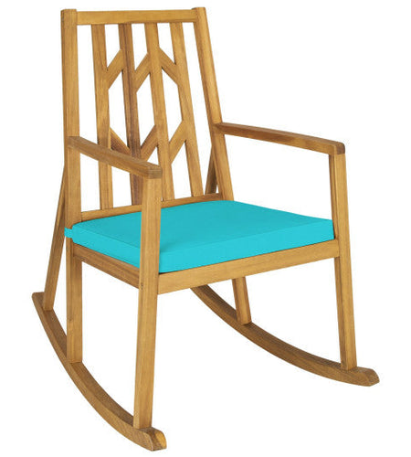 Patio Acacia Wood Rocking Chair Sofa with Armrest and Cushion for Garden and Deck-Turquoise