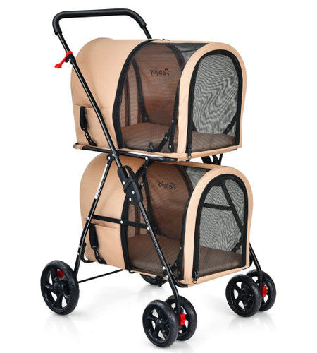 4-in-1 Double Pet Stroller with Detachable Carrier and Travel Carriage-Beige