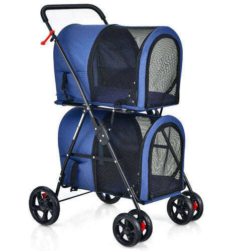 4-in-1 Double Pet Stroller with Detachable Carrier and Travel Carriage-Blue
