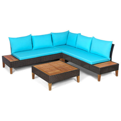 Load image into Gallery viewer, 4 Pieces Patio Cushioned Rattan Furniture Set with Wooden Side Table-Turquoise
