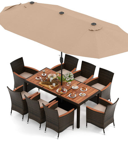 10 Piece Outdoor Dining Set with 15 Feet Double-Sided Twin Patio Umbrella-Brown
