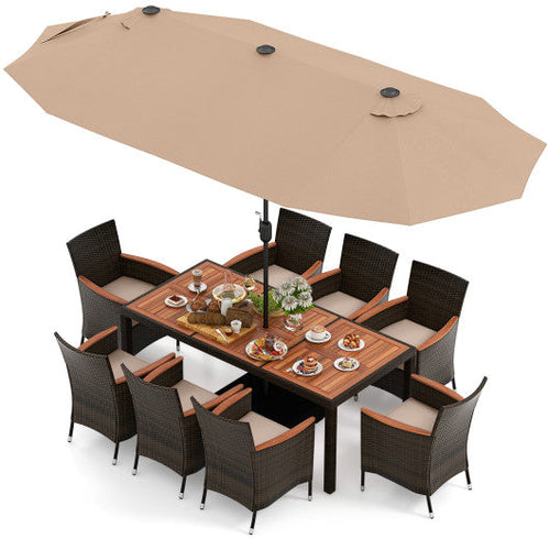 Load image into Gallery viewer, 10 Piece Outdoor Dining Set with 15 Feet Double-Sided Twin Patio Umbrella-Brown
