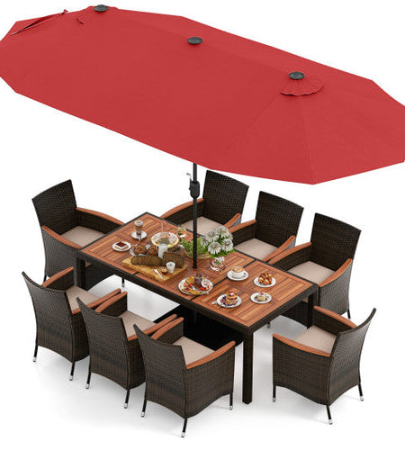 10 Piece Outdoor Dining Set with 15 Feet Double-Sided Twin Patio Umbrella-Red