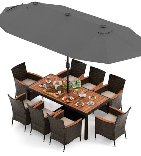 10 Piece Outdoor Dining Set with 15 Feet Double-Sided Twin Patio Umbrella-Gray