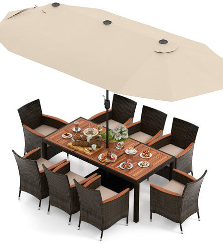 10 Piece Outdoor Dining Set with 15 Feet Double-Sided Twin Patio Umbrella-Beige