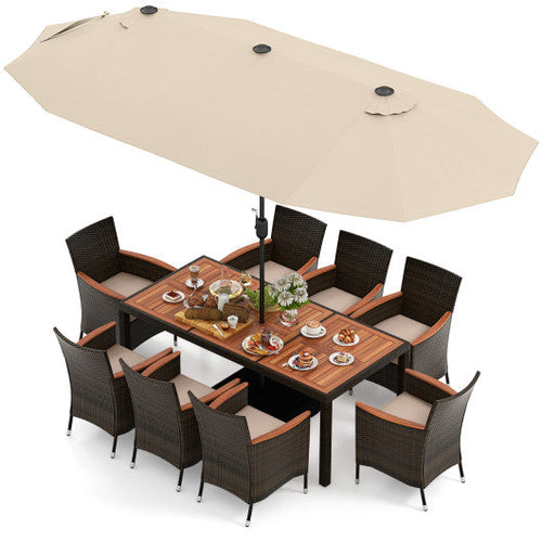 Load image into Gallery viewer, 10 Piece Outdoor Dining Set with 15 Feet Double-Sided Twin Patio Umbrella-Beige

