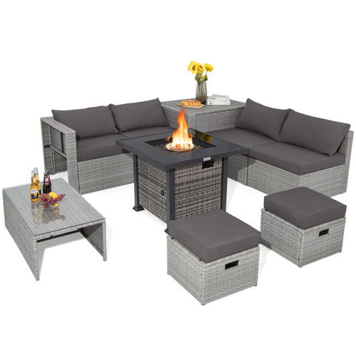 Load image into Gallery viewer, 9 Pieces Outdoor Patio Furniture Set with 32-Inch Propane Fire Pit Table-Gray
