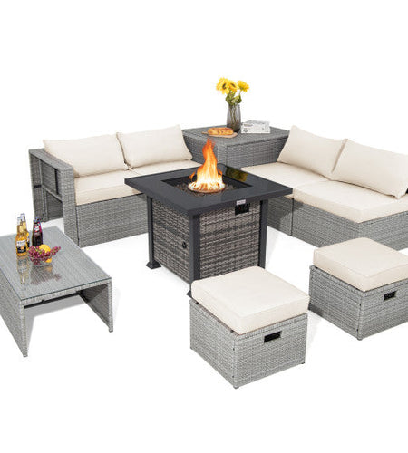 9 Pieces Outdoor Patio Furniture Set with 32-Inch Propane Fire Pit Table-Off White