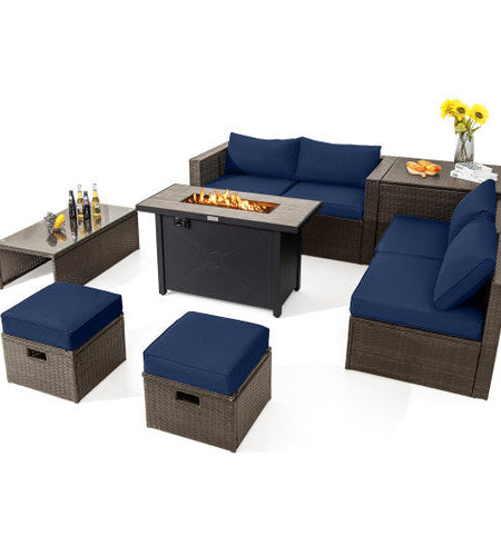 9 Pieces Outdoor Patio Furniture Set with 42 Inch Propane Fire Pit Table-Navy
