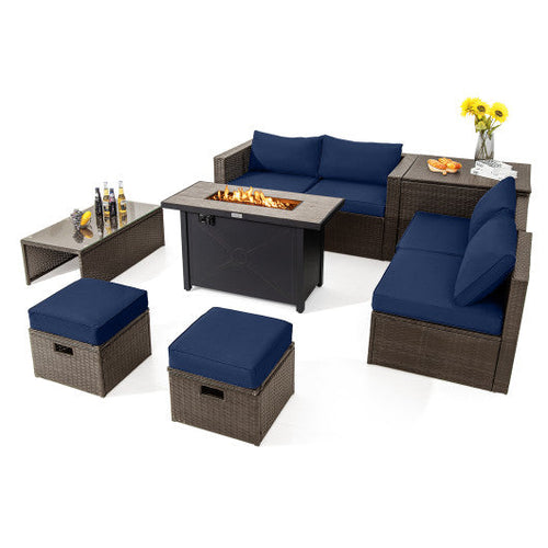 Load image into Gallery viewer, 9 Pieces Outdoor Patio Furniture Set with 42 Inch Propane Fire Pit Table-Navy
