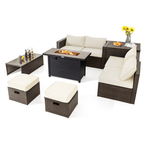 Load image into Gallery viewer, 9 Pieces Outdoor Patio Furniture Set with 42 Inch Propane Fire Pit Table-White
