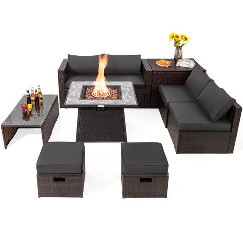 Load image into Gallery viewer, 9 Pieces Patio PE Wicker Sectional Set with 50000 BTU Fire Pit Table-Gray
