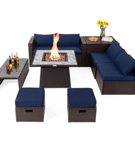 9 Pieces Patio PE Wicker Sectional Set with 50000 BTU Fire Pit Table-Navy