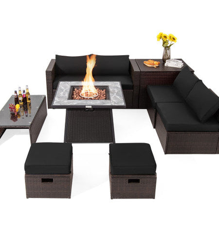 9 Pieces Patio PE Wicker Sectional Set with 50000 BTU Fire Pit Table-Black
