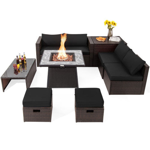 Load image into Gallery viewer, 9 Pieces Patio PE Wicker Sectional Set with 50000 BTU Fire Pit Table-Black
