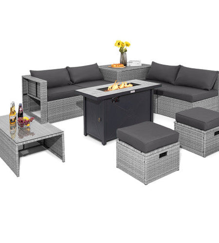9 Pieces Patio Furniture Set with 42 Inches 60000 BTU Fire Pit-Gray