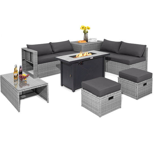 Load image into Gallery viewer, 9 Pieces Patio Furniture Set with 42 Inches 60000 BTU Fire Pit-Gray
