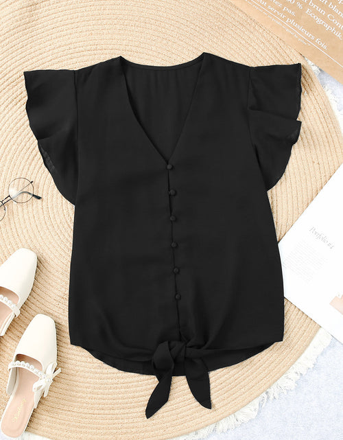 Load image into Gallery viewer, V-Neck Tie Hem Flutter Sleeve Blouse
