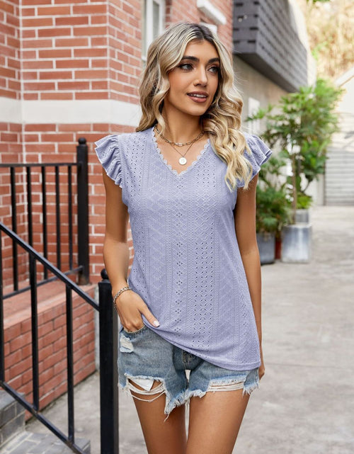 Load image into Gallery viewer, Eyelet Flutter Sleeve Scalloped V-Neck Top
