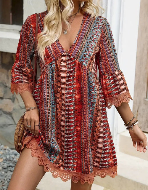 Load image into Gallery viewer, Lace Trim Printed V-Neck 3/4 Sleeve Dress
