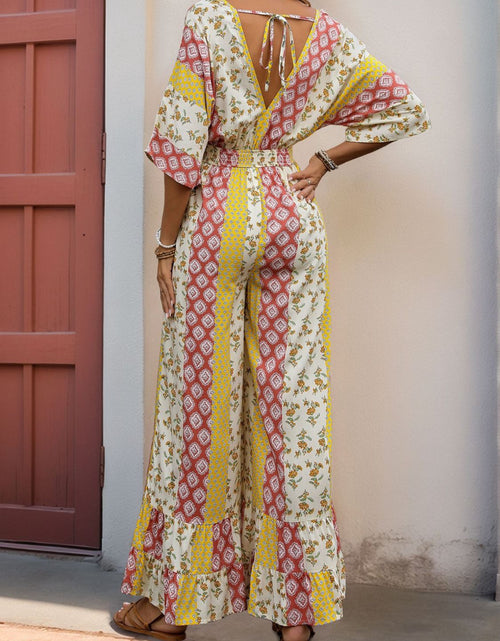 Load image into Gallery viewer, Perfee Ruffled Hem Printed V-Neck Jumpsuit
