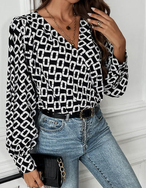 Load image into Gallery viewer, Geometric V-Neck Long Sleeve Blouse
