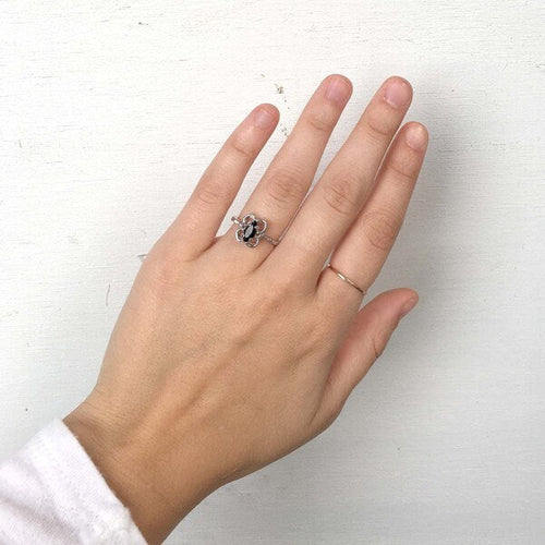 Load image into Gallery viewer, Vintage Jewelry Marquise Cut Jet Black Crystal Cocktail Ring in 18k White Gold Electroplate by PVD Vintage Jewelry
