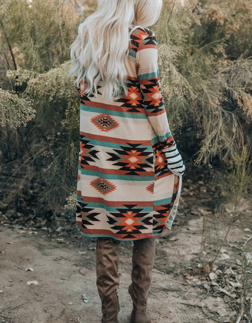 Load image into Gallery viewer, Multicolor Geometric Color Block Open Front Long Cardigan
